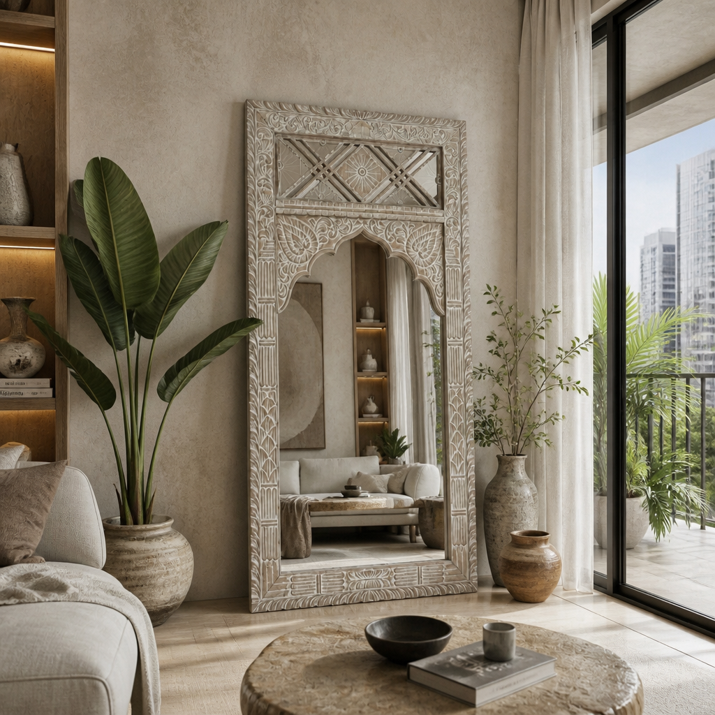 Hand Carved Wooden Mirror 'Sekarupa' - White Wash - 180 x 90 cm