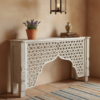 Wooden Carved Console Table "Damai" - White Wash