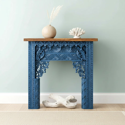 Wooden Carved Console Table "Bumi" - Blue & Natural