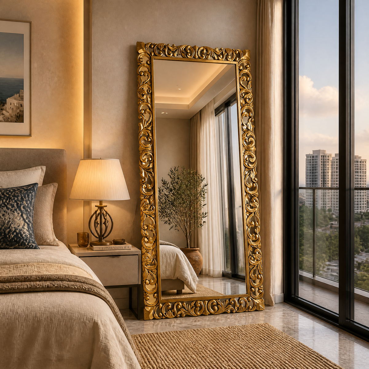 Hand Carved Mirror "Cempaka" Gold Antique Wash - 180 x 80 cm