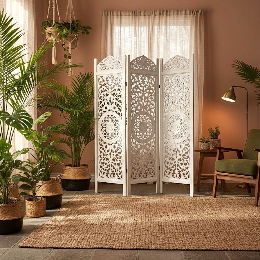 Carved Room Divider "Rembulan" 170 cm - White Wash