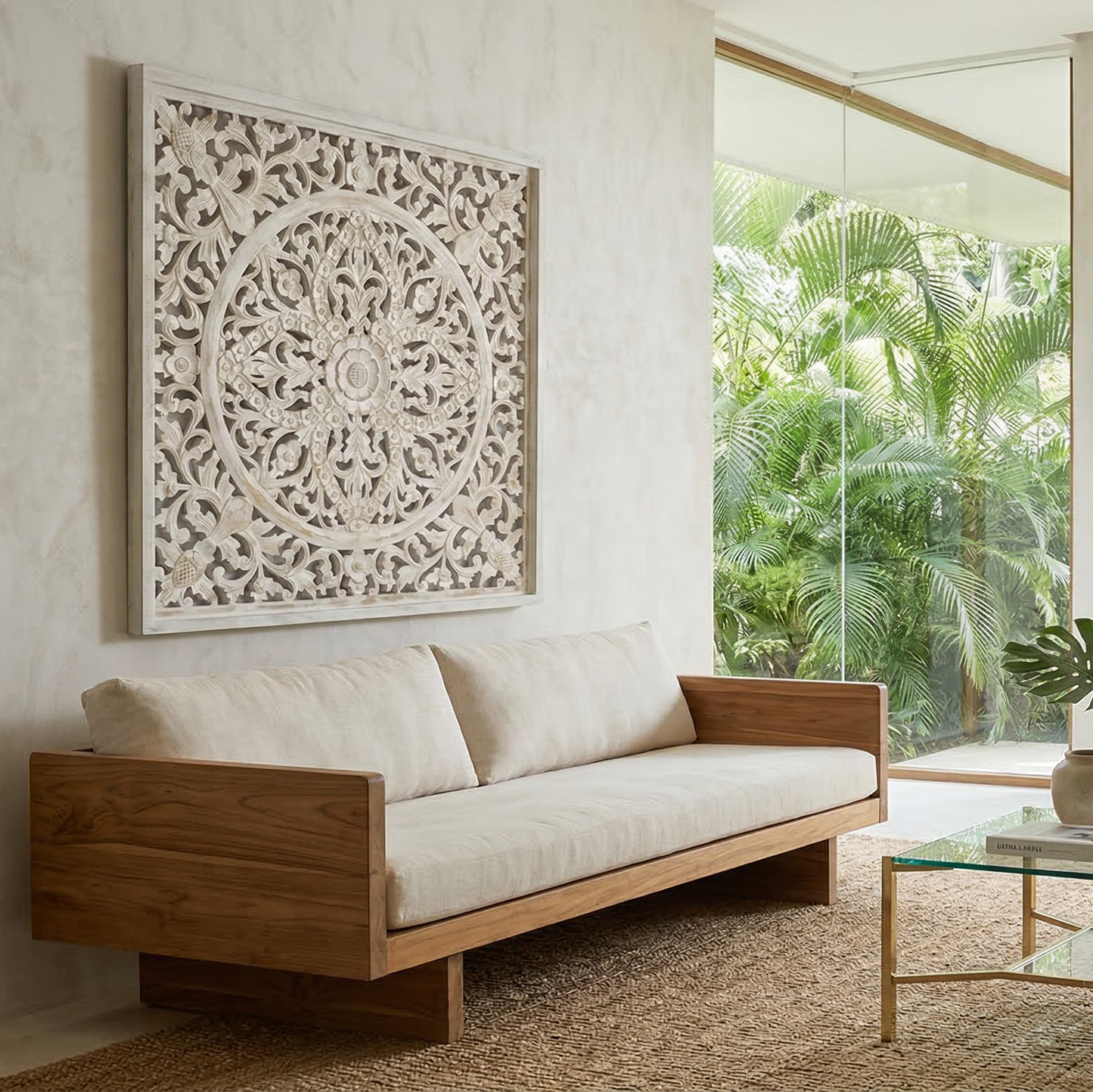 Carved Decorative Panel "Ceningan" - White Wash - 100 x 100 cm