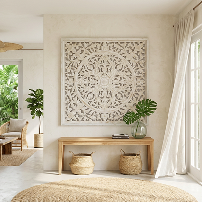 Carved Decorative Panel "Ceningan" - White Wash - 100 x 100 cm