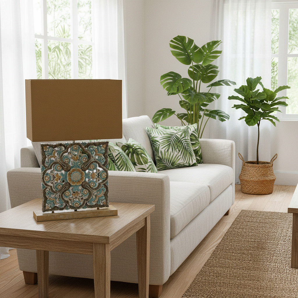 Carved Table Lamp 'Luwih' - Blue & Brown