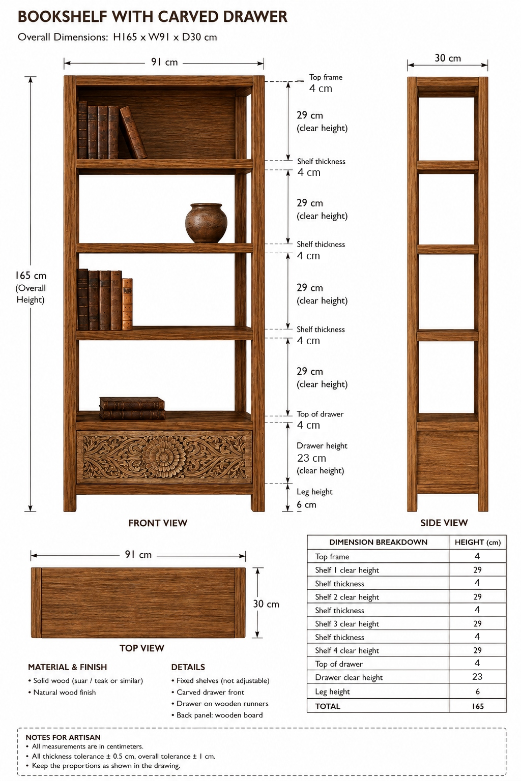 Teak Wood Hand-Carved Bookshelf 'Ila' – 165 x 91 x 30 - Natural & Antic Wash