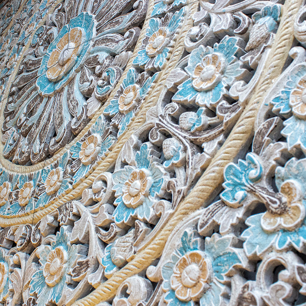 Balinese Carved Mandala Full Bed Headboard Dianna Blue - USA