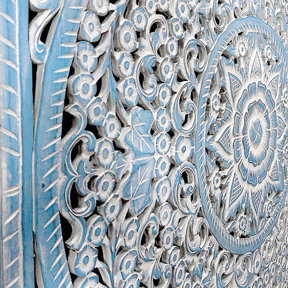 Carved Bed Headboard "Peony" in Light Blue Wash