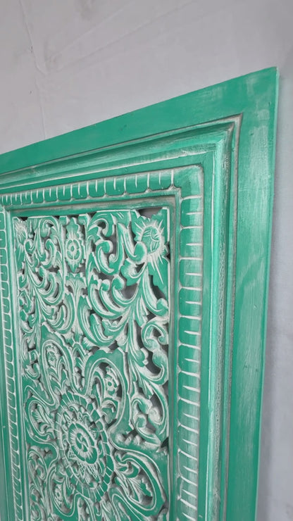 Carved Decorative Panel "Freesia" - Green Wash - 90 x 50 cm