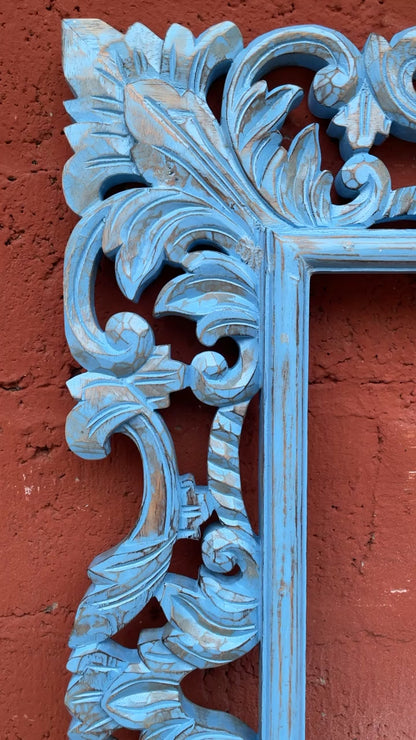 Hand Carved Mirror "Biru" - Blue Wash - 90 x 70 cm