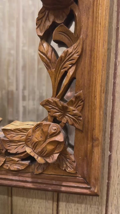 Hand-carved Wooden Mirror "Camélia" - Natural Brown - 120 x 90 cm