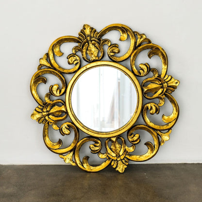 Hand Carved Mirror "Roopa" in Gold Antic Wash - 80 cm