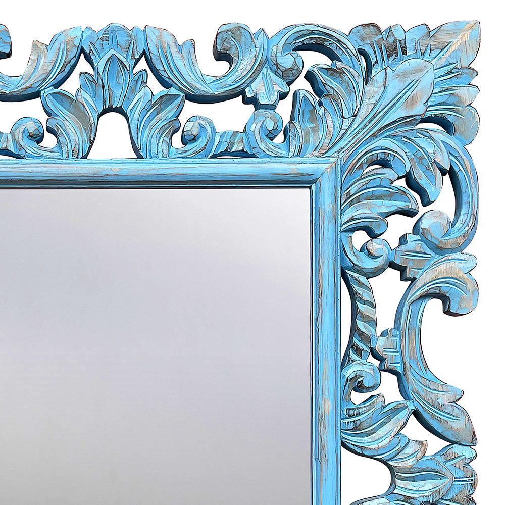 Hand Carved Mirror "Biru" Blue Wash - 90 cm