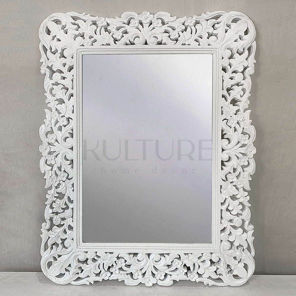 Hand Carved Mirror "Medewi" - White - 90 cm
